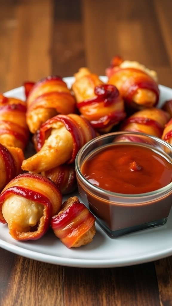 Crispy bacon-wrapped chicken bites with BBQ sauce on a rustic table.